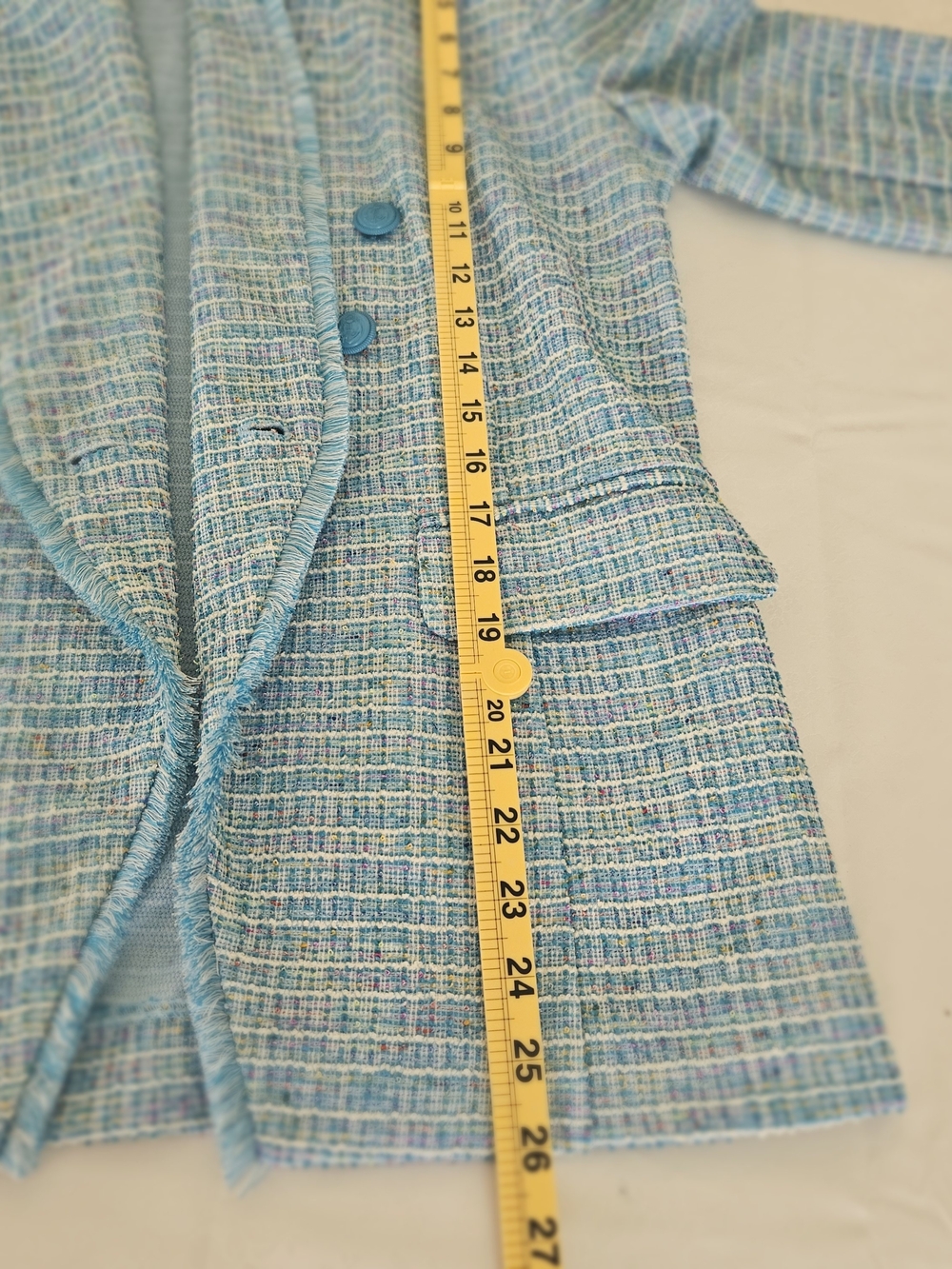 Belle by Kim Gravel Blue Tweed Double-Breasted Blazer Raw Hem Fringe S - Picture 13 of 16